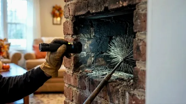 Technician inspecting a fireplace after a chimney fire in Powell